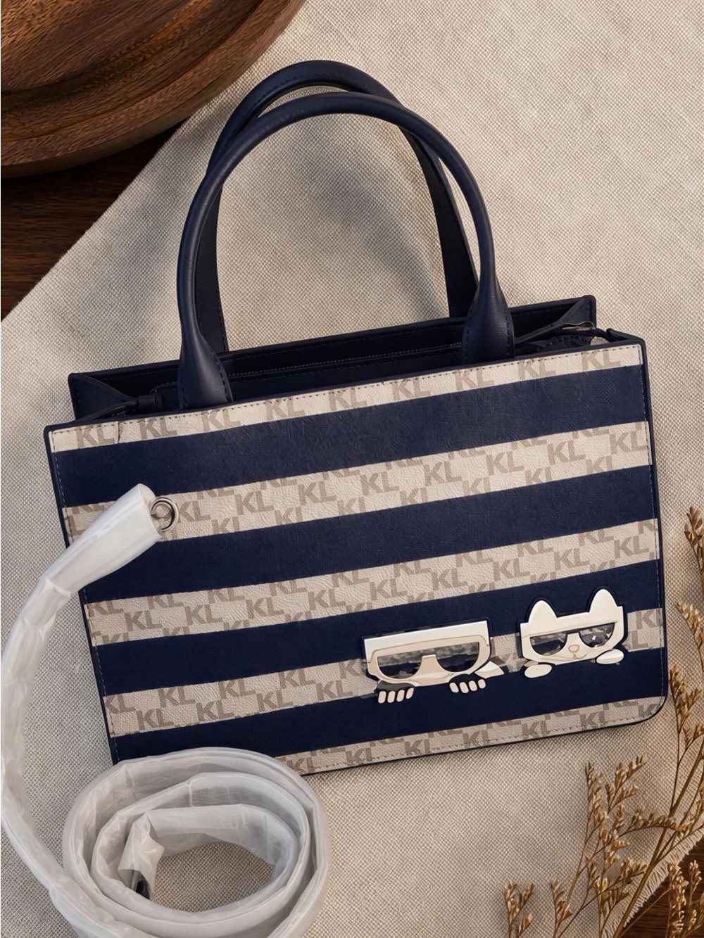 Karl Lagerfeld Striped Black and Cream Tote Bag NWT